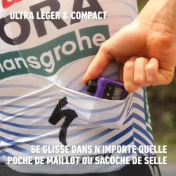 Mini pompe électrique vélo compacte, légère et précise, idéale pour route, gravel et VTT.