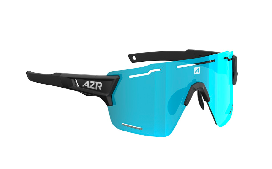 Lunettes de sport AZR ASPIN RX avec écran bleu cylindrique et monture minimaliste noire ultra-légère.