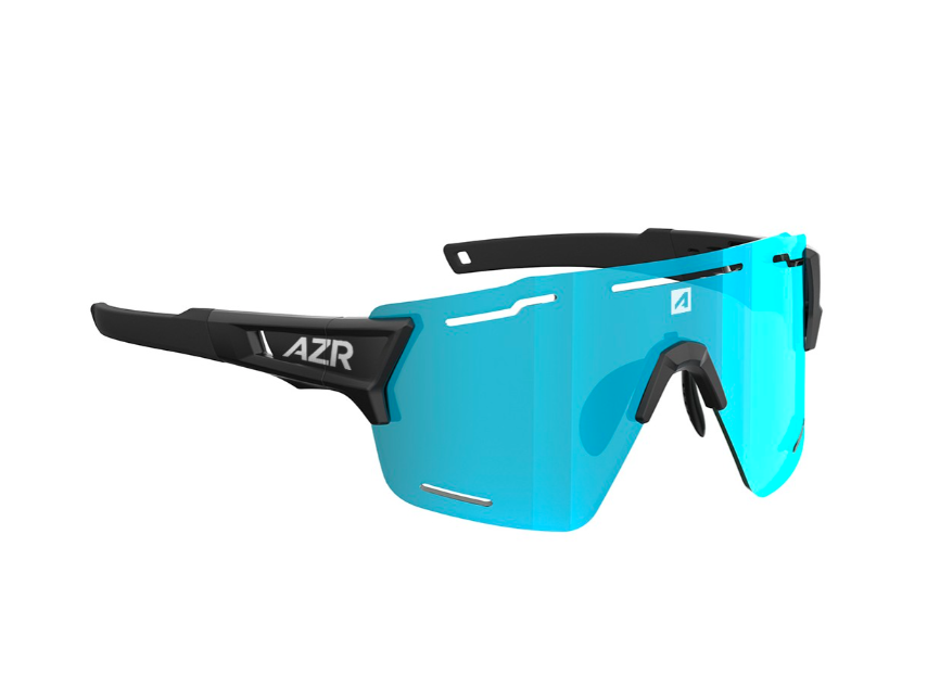 Lunettes de sport AZR ASPIN RX avec écran bleu cylindrique et monture minimaliste noire ultra-légère.