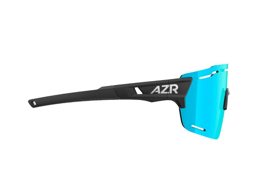 Vue latérale des lunettes de sport AZR ASPIN RX avec écran bleu cylindrique et monture noire.